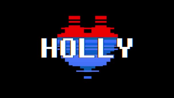 Pixel καρδιά Holly λέξη κείμενο glitch παρεμβολές αδιάλειπτη βρόχο κινούμενα σχέδια στην οθόνη φόντου νέα δυναμική ρετρό vintage χαρούμενο πολύχρωμο βιντεοσκοπημένα στιγμιότυπα — Αρχείο Βίντεο