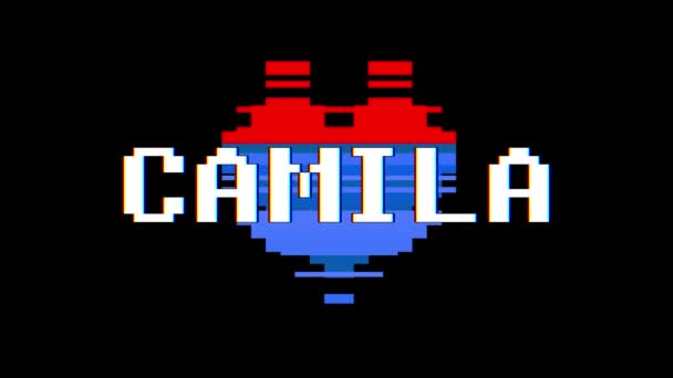 Pixel heart CAMILA word text glitch interference screen seamless loop animation background new dynamic retro vintage joyful colorful vídeo footage — Vídeo de Stock
