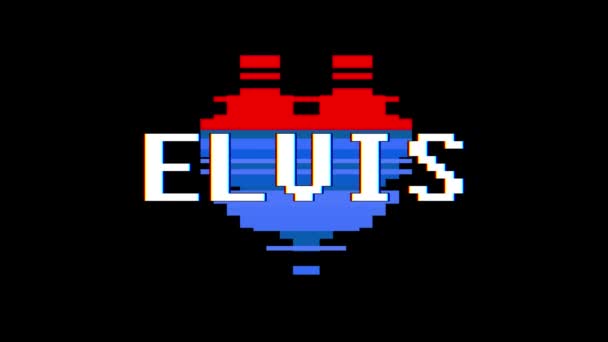 Pixel szív Elvis szó szöveg fénylik interferencia képernyő varrat nélküli hurok animációs háttér új dinamikus retro vintage örömteli színes videó felvétel — Stock videók
