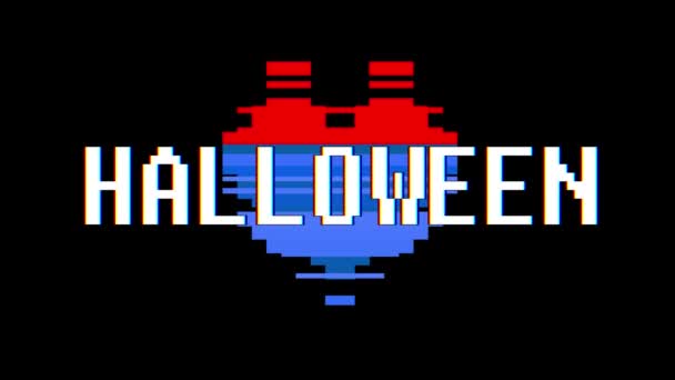 Pixel heart HALOWEEN parola testo glitch interferenza schermo senza soluzione di continuità loop animazione sfondo nuovo dinamico retrò vintage gioioso video colorato — Video Stock