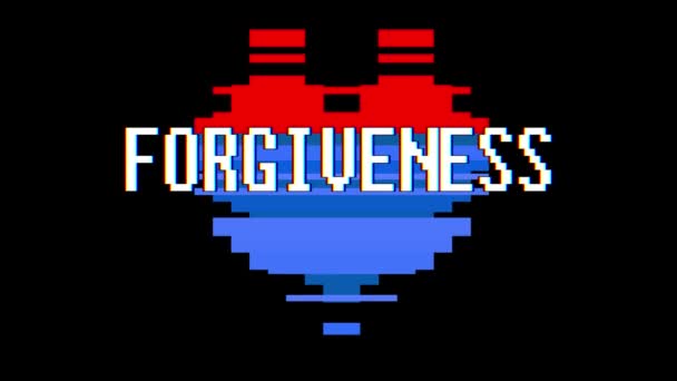 Pixel heart FORGIVENESS word text glitch interference screen seamless loop animation background new dynamic retro vintage joyful colorful vídeo footage — Vídeo de Stock