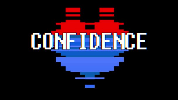 Pixel heart CONFIDENCE word text glitch interference screen seamless loop animation background new dynamic retro vintage joyful colorful vídeo footage — Vídeo de Stock