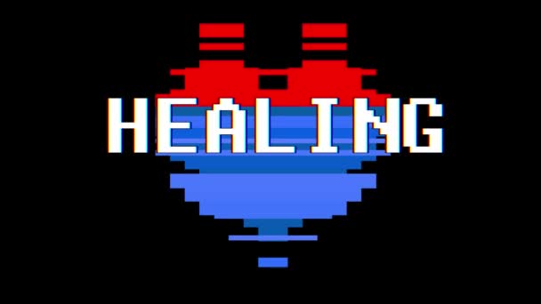Pixel heart HeALING word text glitch interference screen seamless loop animation background new dynamic retro vintage joyful colorful vídeo footage — Vídeo de Stock