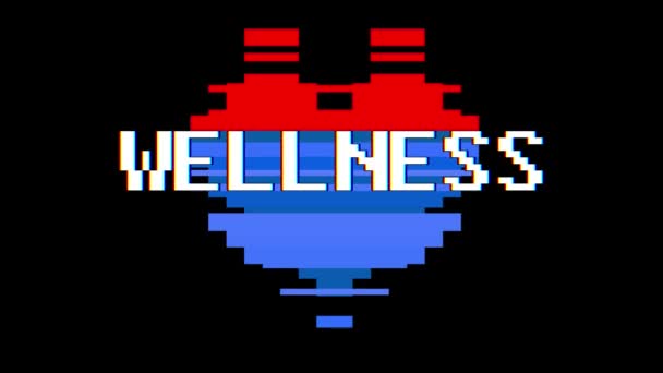 Pixel hart Wellness woord glitch interferentie scherm naadloze loops tekstanimatie achtergrond nieuwe dynamische retro vintage vrolijke kleurrijke videobeelden — Stockvideo
