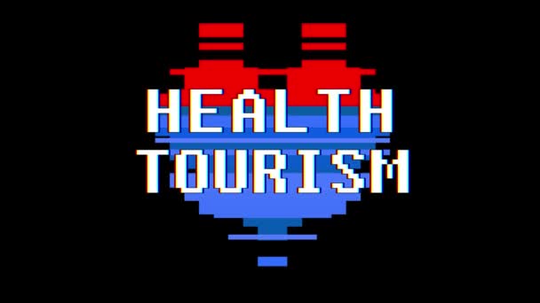 Pixel heart HEALTH TOURISM word text glitch interference screen seamless loop animation background new dynamic retro vintage joyful colorful video footage — Stock Video