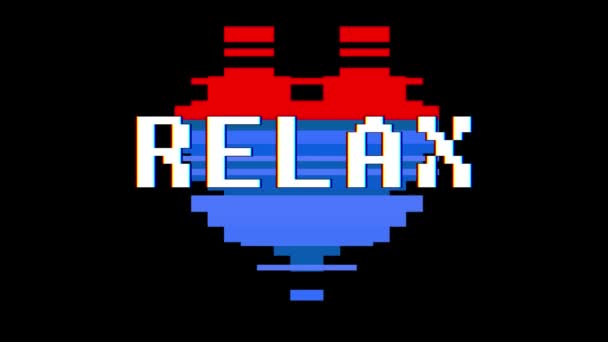 Pixel heart RELAX word text glitch interference screen seamless loop animation background new dynamic retro vintage joyful colorful vídeo footage — Vídeo de Stock