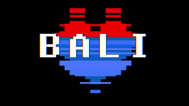 Pixel heart BALI word text glitch interference screen seamless loop animation background new dynamic retro vintage joyful colorful vídeo footage — Vídeo de Stock