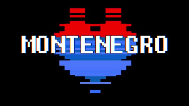 Corazón de pixel animación bucle sin interrupción de la pantalla de Montenegro palabra texto interferencia interferencia de fondo nueva dinámica retro vintage alegre colorido videos — Vídeo de stock