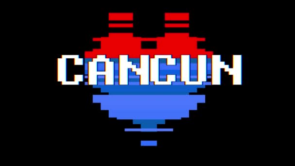 Pixel heart CANCUN word text glitch interference screen seamless loop animation background new dynamic retro vintage joyful colorful vídeo footage — Vídeo de Stock