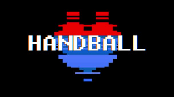 Pixel Herz Handball Wort Text Störung Bildschirm nahtlose Schleifenanimation Hintergrund neue dynamische retro vintage freudig bunte Videomaterial — Stockvideo