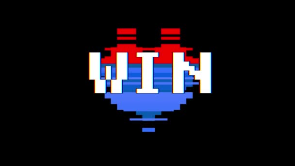 Corazón de pixel animación bucle sin interrupción de la pantalla de Win palabra texto glitch interferencia de fondo nueva dinámica retro vintage alegre colorido videos — Vídeos de Stock