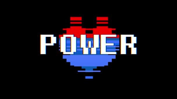 Pixel heart POWER word text glitch interferensi screen seamless loop animation background new dynamic retro vintage joyful video footage — Stok Video