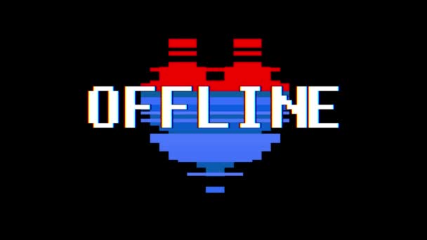 Pixel hart Offline woord tekstanimatie glitch interferentie naadloze loops scherm achtergrond nieuwe dynamische retro vintage vrolijke kleurrijke videobeelden — Stockvideo