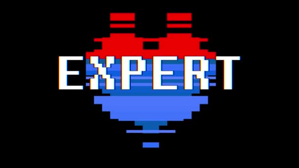 Pixel corazón EXPERTO texto de la palabra glitch interferencia pantalla sin costuras bucle animación fondo nuevo dinámico retro vintage alegre colorido vídeo — Vídeo de stock