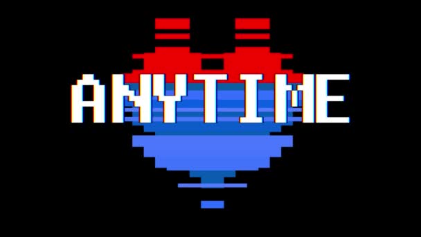 Pixel heart CUALQUIER vez texto de la palabra glitch interferencia pantalla lazo sin costuras animación fondo nuevo video colorido alegre retro dinámico — Vídeo de stock