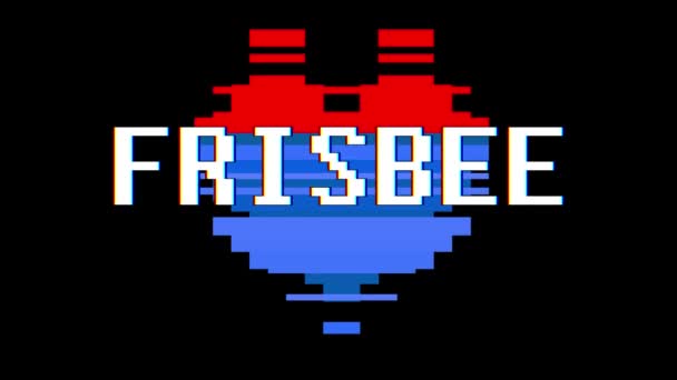 Pixel heart FRISBEE word text glitch interference screen seamless loop animation background new dynamic retro vintage joyful colorful video footage — Stock Video