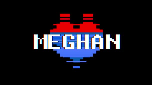 Pixel καρδιά Meghan λέξη κείμενο glitch παρεμβολές αδιάλειπτη βρόχο κινούμενα σχέδια στην οθόνη φόντου νέα δυναμική ρετρό vintage χαρούμενο πολύχρωμο βιντεοσκοπημένα στιγμιότυπα — Αρχείο Βίντεο