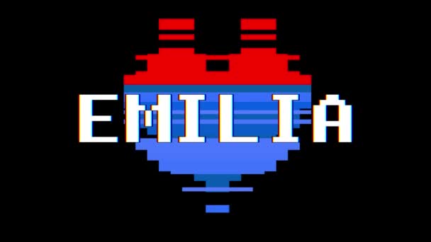 Pixel serca Emilia słowo tekst glitch zakłócenia ekranu Płynna pętla animacji w tle nowy dynamiczny retro radosny kolorowe filmy retro — Wideo stockowe