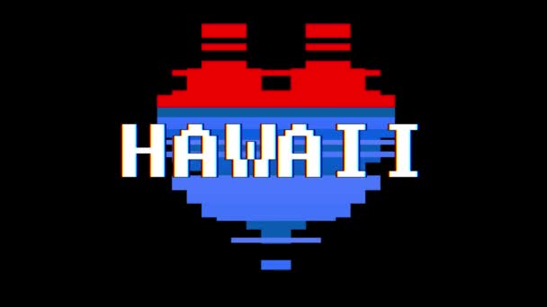 Pixel heart HAWAII word text glitch interference screen seamless loop animation background new dynamic retro vintage joyful colorful vídeo footage — Vídeo de Stock