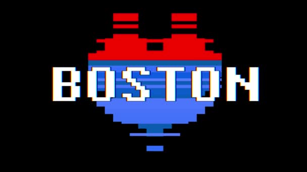 Pixel heart BOSTON word text glitch interference screen seamless loop animation background new dynamic retro vintage joyful colorful video footage — Stock Video