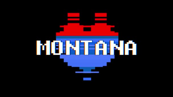 Pixel heart MONTANA word text glitch interference screen seamless loop animation background new dynamic retro vintage joyful colorful vídeo footage — Vídeo de Stock