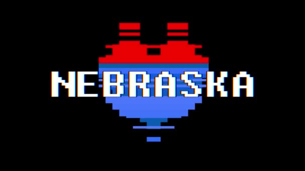 Pixel heart NEBRASKA word text glitch interference screen seamless loop animation background new dynamic retro vintage joyful colorful video footage — Stock Video
