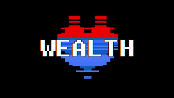 Pixel coeur WEALTH mot texte glitch interférence écran boucle sans couture animation fond nouveau dynamique rétro vintage joyeux coloré vidéo — Video