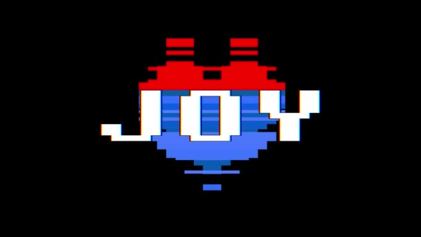 Pixel cuore JOY parola testo glitch interferenza schermo senza soluzione di continuità loop animazione sfondo nuovo dinamico retrò vintage gioioso video colorato — Video Stock