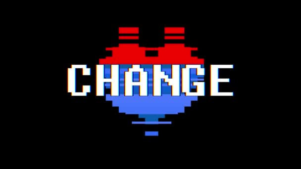 Pixel heart CHANGE word text glitch interference screen seamless loop animation background new dynamic retro vintage joyful colorida vídeo footage — Vídeo de Stock