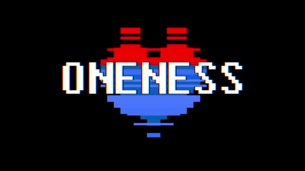 Pixel καρδιά Onness λέξη κείμενο glitch παρεμβολές οθόνη αδιάλειπτη βρόχο κινούμενα σχέδια νέα δυναμική ρετρό vintage χαρούμενη πολύχρωμο βιντεοσκοπημένων εικονών υποβάθρου — Αρχείο Βίντεο