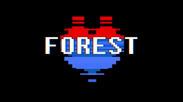 Pixel heart FOREST word text glitch interference screen seamless loop animation background new dynamic retro vintage joyful colorful video footage — Stock Video