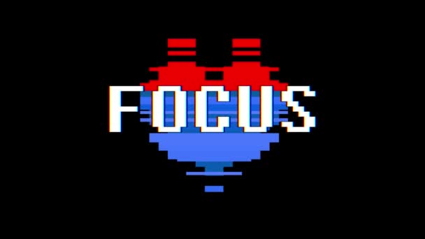 Pixel heart FOCUS word text glitch interference screen seamless loop animation background new dynamic retro vintage joyful colorful video footage — Stock Video