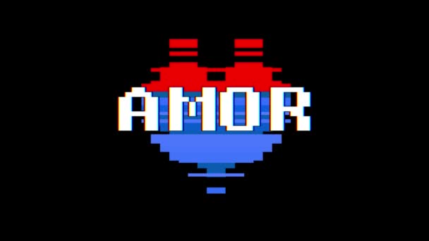 Pixel corazón AMOR palabra texto glitch interferencia pantalla sin costuras bucle animación fondo nuevo dinámico retro vintage alegre colorido vídeo metraje — Vídeos de Stock