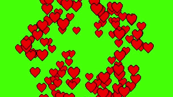 Molti pixel a forma di cuore come icona esplosione dal centro sovrapposizione animazione loop sfondo dello schermo verde Nuova qualità unica movimento universale dinamico colorato gioioso ballo musica vacanza video — Video Stock