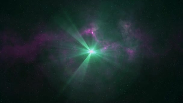 Lone green star shine flight in soft moving nebula stars night sky animation background new quality nature scenic cool colorful light video footage — Stock Video