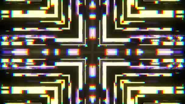 Snabbt symmetriska kors form glänsande glitch störningar skärmbakgrund för logotyp animation nya kvalitet digital twitch teknik mönster färgstarka videofilmer — Stockvideo