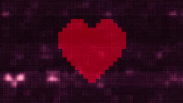 Pixel hart over computer glitched inmenging lawaai scherm animatie naadloze loops achtergrond nieuwe universele vintage beweging dynamische geanimeerde achtergrond kleurrijke vrolijke videokwaliteit — Stockvideo