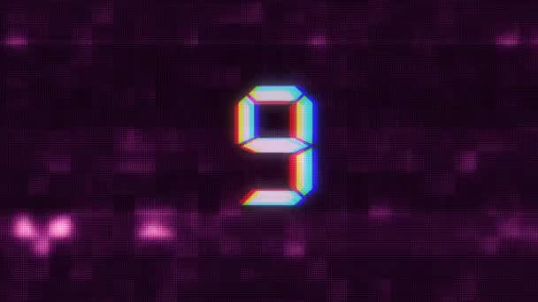 Красочные глюки обратный отсчет от 10 до 1 помех фиолетовый фон номера анимации новый динамический праздник радостный техно видео кадры — стоковое видео