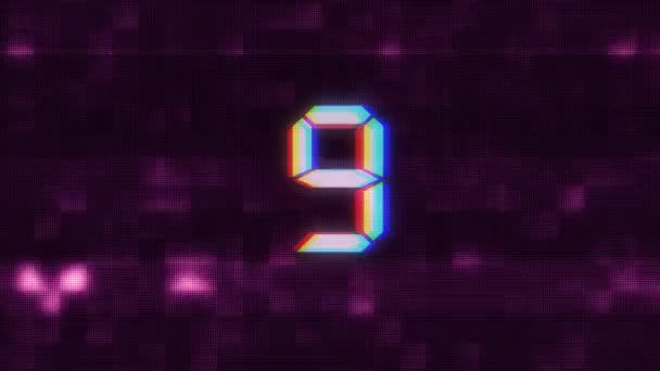 Colorful glitch countdown from 10 to 1 interference purple background numbers animation new dynamic holiday joyful techno video footage — Stock Video