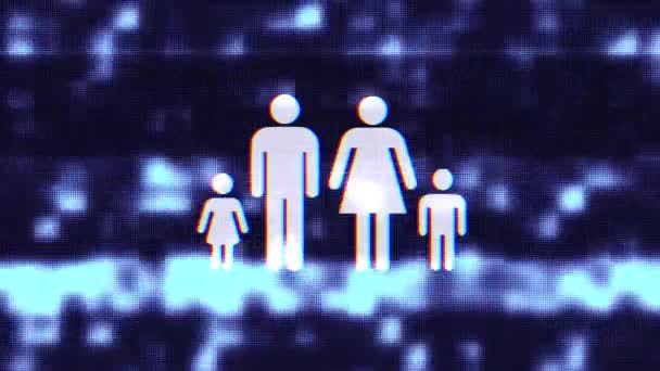 Full family symbol glitch screen distortion holographic display animation seamless loop background - New quality universal close up vintage dynamic animated colorful joyful cool nice video — Stock Video