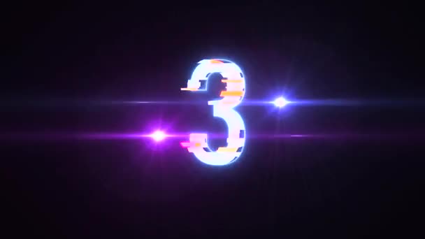 Kleurrijke futuristische laser glitch interferentie countdown cijfers van 3 naar 1 nieuwe dynamische vakantie videobeelden van de vreugdevolle techno — Stockvideo