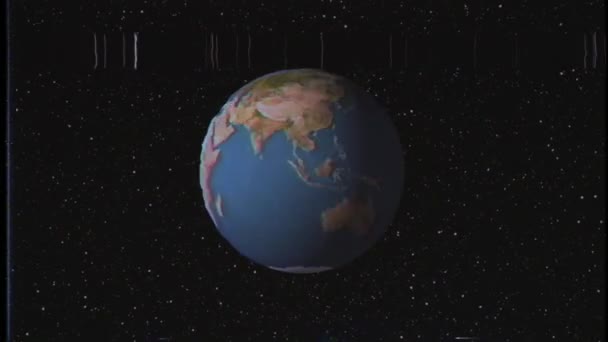 Bol van de aarde roteert in sterren ruimte oude vhs tape retro intro effect tv scherm animatie achtergrond lus nieuwe universele retro vintage kleurrijke videokwaliteit — Stockvideo