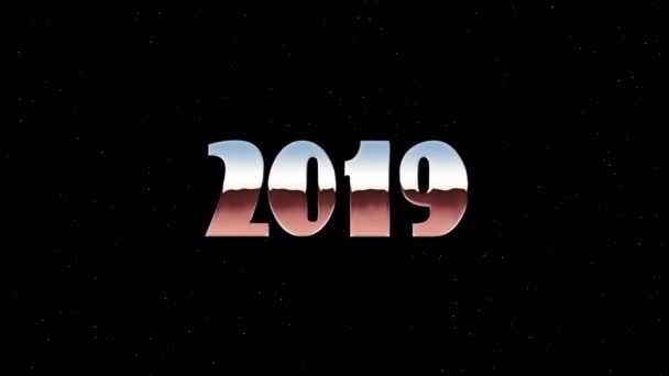 Shiny retro 80s 90s style 2019 new year text fly in and out in stars space animation background loop new unique holiday vintage beautiful dynamic joyful colorful video footage — Stock Video