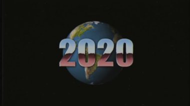 parlak retro 80'ler 90'lı yılların stil 2020 yeni yıl metin sinek girip yıldız uzayda ve dünya küre Vhs etkisi animasyon arka plan döngü yeni eşsiz tatil vintage güzel dinamik neşeli renkli stok video