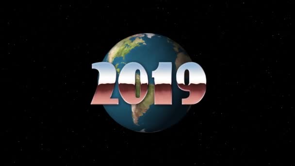 Блестящие ретро 80-х стиль 2019 новый год текст летать и выходить в космосе звезд и Земли глобус анимации фоновый цикл новый уникальный праздник винтажный красивый динамичный радостный цветной видео — стоковое видео