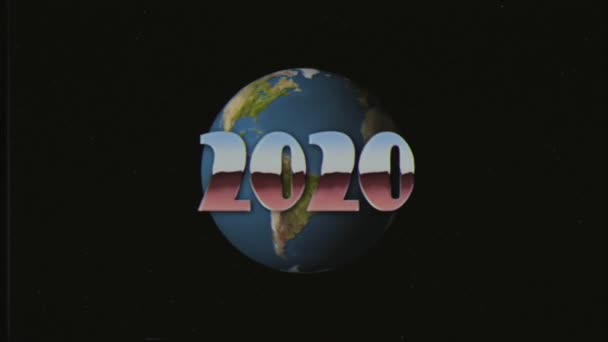 Λαμπερό ρετρό 80s 90s στυλ 2020 νέο έτος κείμενο μύγα μέσα και έξω στο χώρο αστέρια και σφαίρα της γης Vhs αποτέλεσμα animation φόντο βρόχου νέες μοναδικές διακοπές vintage όμορφο δυναμική χαρούμενο πολύχρωμο απόθεμα βίντεο — Αρχείο Βίντεο