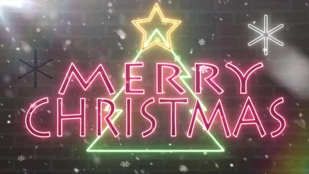 Neon Merry christmas tree neon sign congratulation banner with star and snowflakes falling blink on brick wall background animation New quality technology dynamic colorful holiday stock video — Stock Video