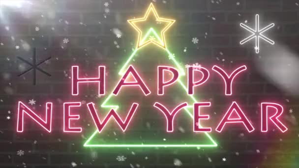 Neón Feliz año nuevo árbol de neón signo de felicitación pancarta con estrellas y copos de nieve caída parpadeo en la pared de ladrillo fondo animación Nueva tecnología de calidad dinámica colorido vacaciones stock video — Vídeo de stock