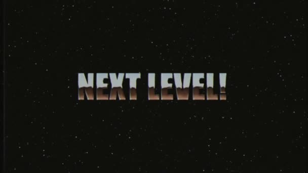 Glänzend retro vhs style next level text fly in and out in stars space animation background new unique vintage beautiful dynamic joyful bunt video stock footage — Stockvideo