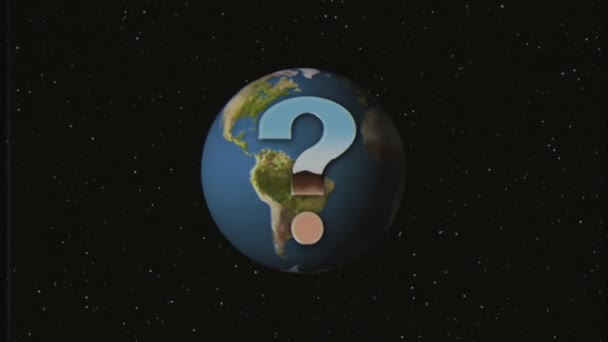 Glimmende retro Vhs stijl vraagteken vliegen in en uit in de ruimte van de sterren en Earth globe animatie achtergrond nieuwe unieke vintage mooie dynamische vrolijke kleurrijke video beeldmateriaal — Stockvideo
